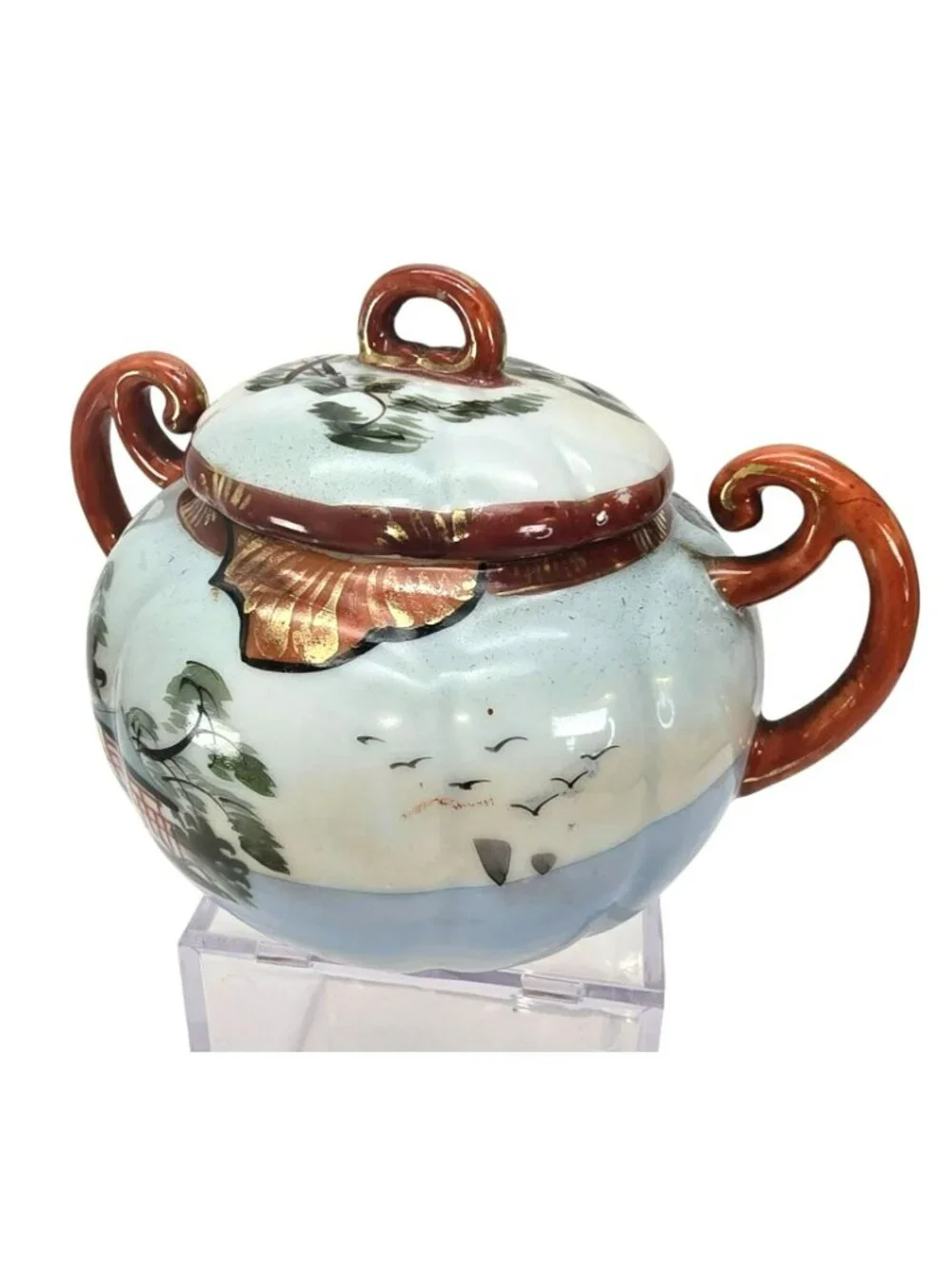 Vintage Japanese Sugar Bowl Hand-Painted Porcelain Lidded With Handles JE322